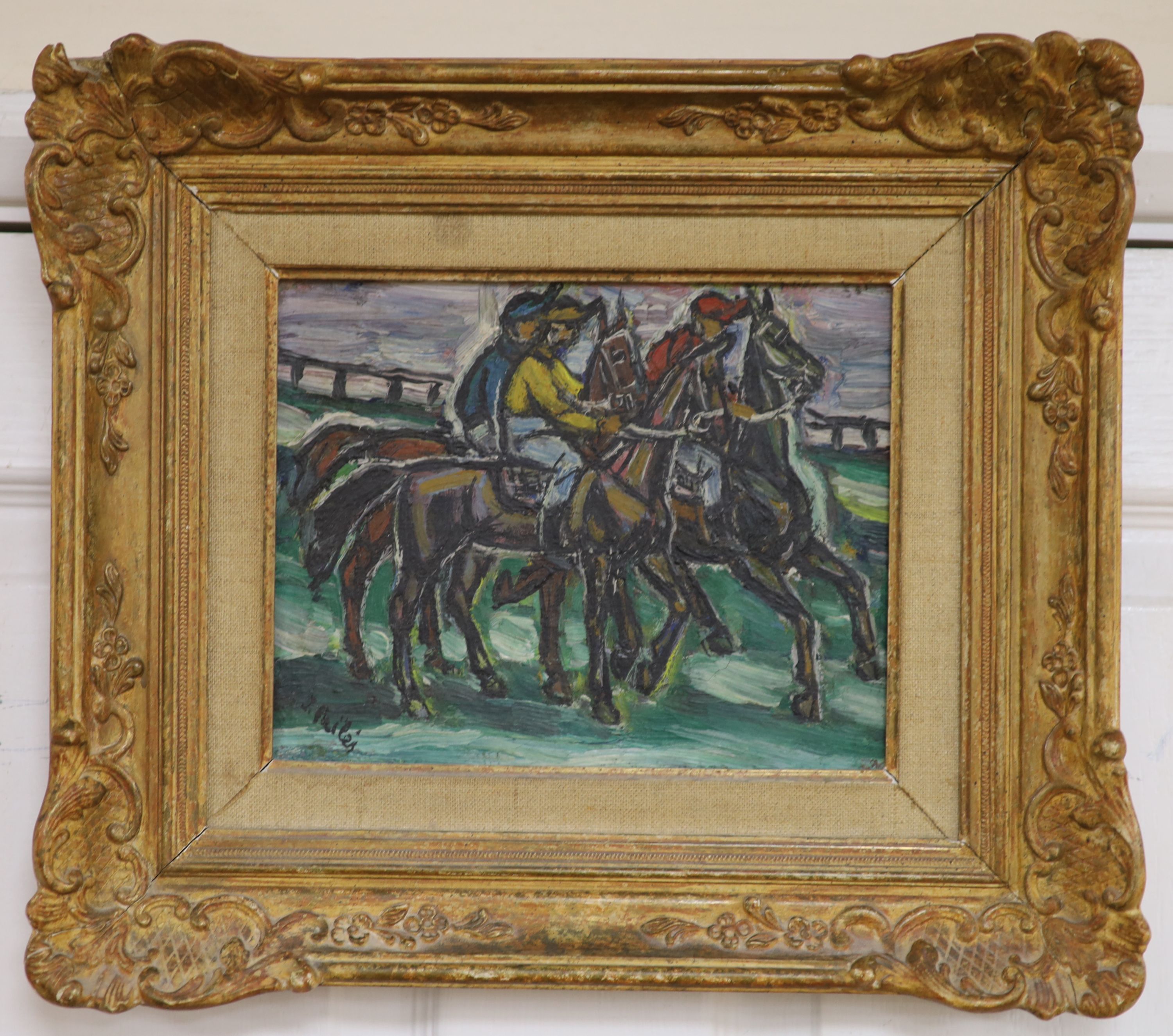 Isaac Pailes (1895-1978), oil on canvas, Jockeys at the start, signed, 18 x 23cm